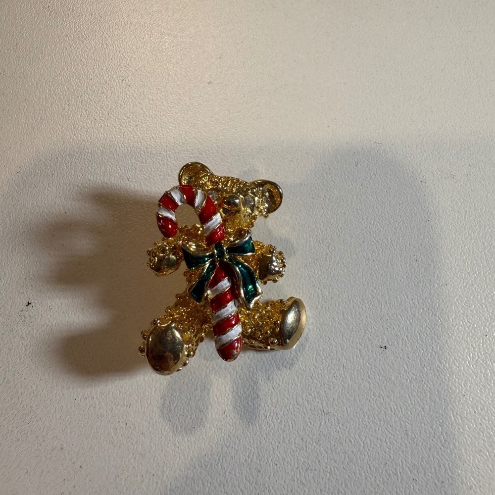 Vintage Christmas Teddy Bear with Candy Cane Holiday Brooch Pin Festive Jewelry